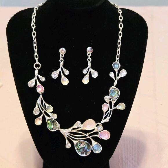 Vtg Abalone Necklace Earring Set Silvertone Pink Abstract 3D Balloons Romance - Picture 2 of 12